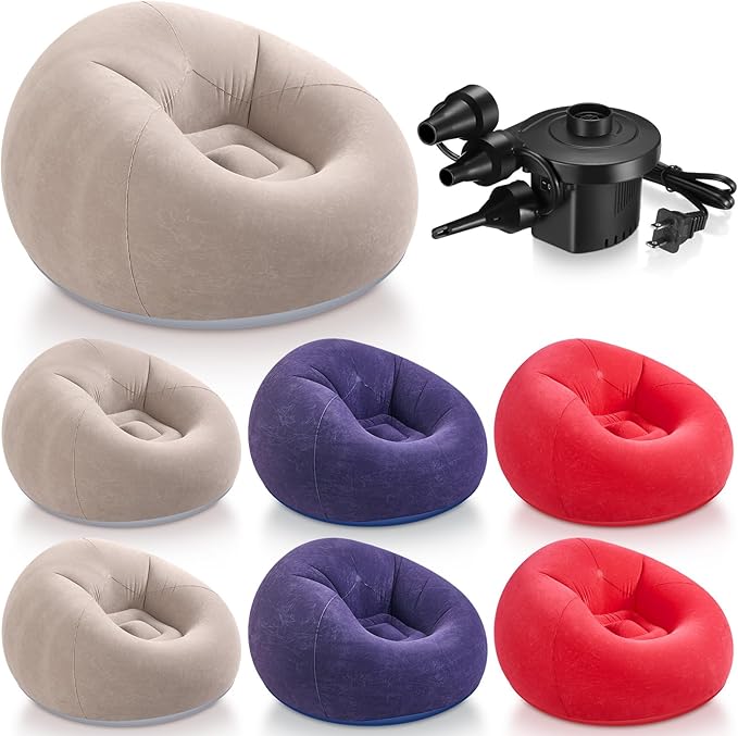 Realspring 6 Pcs Inflatable Bean Bag Chairs for Adults with Electric Air Pump, Blow up Couch Folding Portable Inflatable Couch Lazy Sofa for Outdoor Movie Nights Camping Room (Coffee,Blue,Red)
