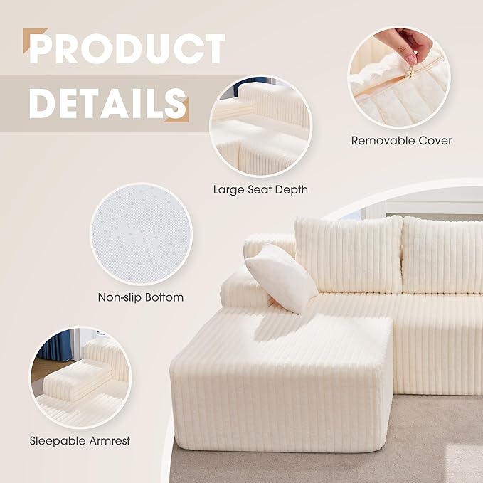 Modular Sectional Sofa Couches L-Shape Couch 3 Seat Modular Sofa Memory Foam Sectional Couches for Living Room, Cloud Couch with Oversized Chaise (White Stripe, 98" Left Facing Chaise)
