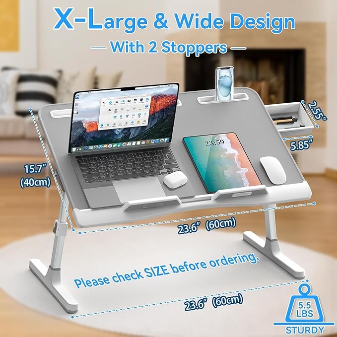 Laptop Bed Desk, X-Large Leather Adjustable Computer Bed Table Tray, Foldable Laptop Lap Desk for Bed Sofa Couch Floor Writing Eating Working with Drawer 2 Movable Stoppers (23.6 inch, Grey)