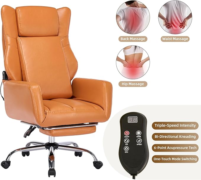 DYHOME Orange Leather Office Chair with Massage and Footrest, Heavy Duty Task Desk Chairs,Swivel Ergonomic Computer Gaming Chairs with Lumbar Support, Wheels Flip-up Arms Adjustable Height