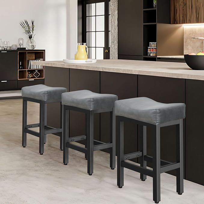 Counter Height Bar Stools Set of 2, 24 Inch Barstools for Kitchen Island Counter, Bonded Leather Kitchen Stools with Thick Saddle Seats & Heavy Duty Metal Base, Easy Assembly, All Black