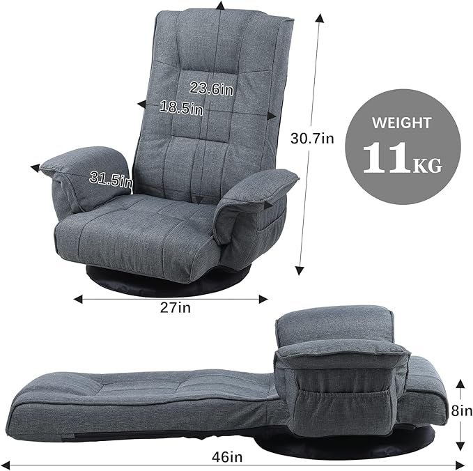 FLOGUOR 360 Swivel Gaming Chair 14-Position Adjustable Folding Floor Sofa with Armrests Lounger Bed for Home & Living Room Chaise Lounge Indoor for Adults QL201GR