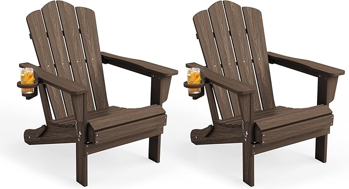 KINGYES Folding Adirondack Chair Set of 2, HDPE All-Weather Folding Adirondack Chair, Coffee
