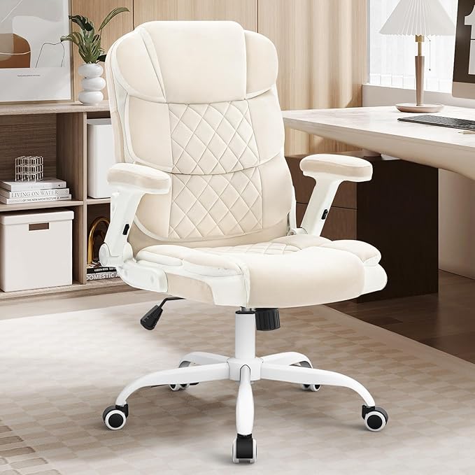SEATZONE Home Office Desk Chairs with Wheels and Flip-up Armrests,Velvet Fabric Executive Office Chair Comfortable Ergonomic Computer Chairs for Adults and Teens,Beige