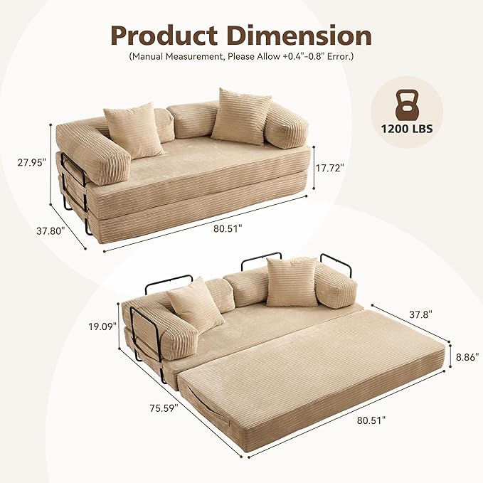 4-in-1 Folding Sofa Bed, 78" Oversized Corduroy Sleeper Chair, Convertible Loveseat to Floor Bed with Storage Pockets, Boneless Design for Living Room, Bedroom & Small Spaces