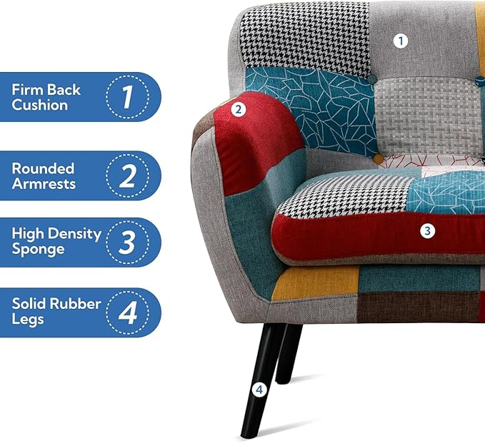 Bonzy Home Modern Boho Loveseat Couch Sofa Chair Set of 2 for Living Room Bedroom, Upholstered Colorful Plaid Fabric 2-Seat Love Seat Sofa with Wood Leg for Small Space