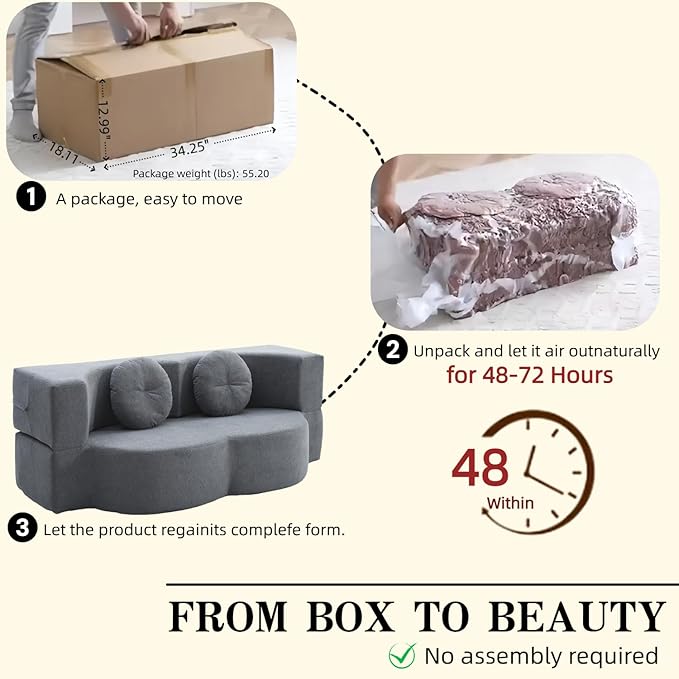 76" Convertible Folding Sofa Bed, 2-in-1 Twin Size Loveseat Sleeper Couch Bed with Two Pillows, Foldable Space-Saving | Design for Dorms Apartments Bedroom& Living Room,No Assemble(Grey)