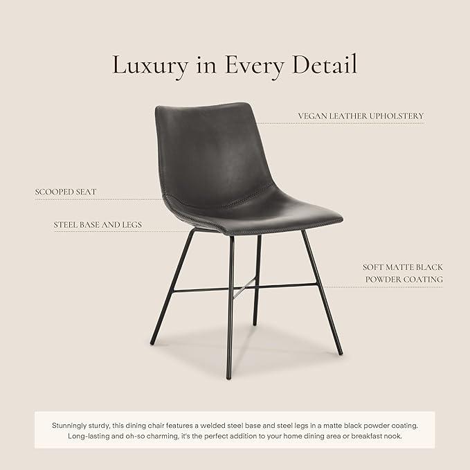 POLY & BARK Paxton Leather Dining Chairs – Set of 2 Modern Dining Room Chairs with Low Back – Faux Leather Upholstery and Matte Black Steel Base – Comfortable Seating for Stylish Interiors – Grey