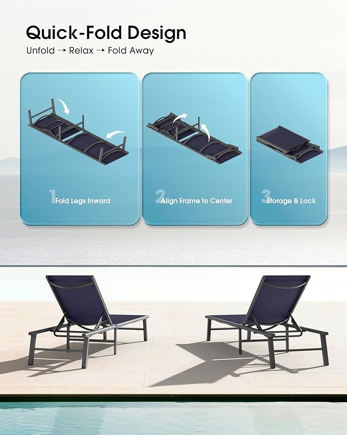Ciokea Aluminum Outdoor Lounge Chair Set of 2- No Assembly Needed, Foldable Patio Chaise Lounge with 5 Adjustable Positions, Reinforced Frame for Extra Durability, Pool Beach Lounge Chair,Navy Blue