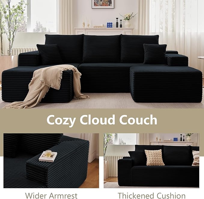 Lakifun 107" L-Shape Sofa with Ottoman, Modern Modular Sectional Comfy U-Shape Cloud Couch, Deep Seat, Upholstered Corduroy Sleeper Chaise Longue for Living Room Bedroom, No Assembly Required, Black