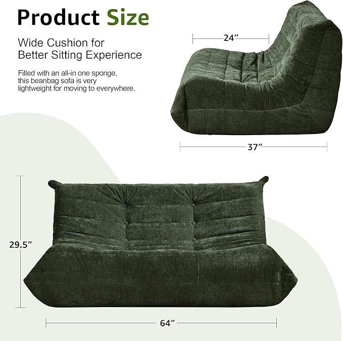 Bean Bag Chairs for Adults Giant Bean Bag Chair Memory Foam BeanBag Chair Bean Bag Sofa with Filler Faux Fur Fireside Beanbags Lazy Sofa for Living Room Bedroom Office (Green Chenille, Loveseat)