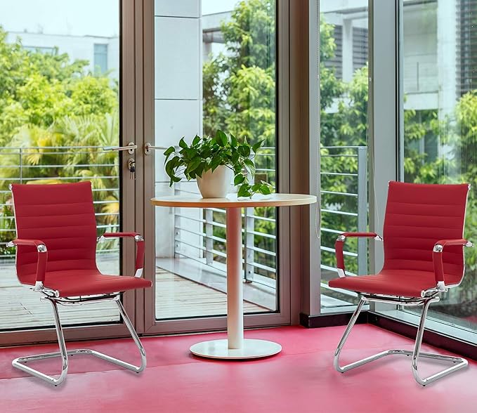 DM Furniture No Wheels Reception Chairs Waiting Room Chair Leather Conference Chairs Back Support Heavy Duty Office Chair with Arm, Set of 2 (Deep Red)
