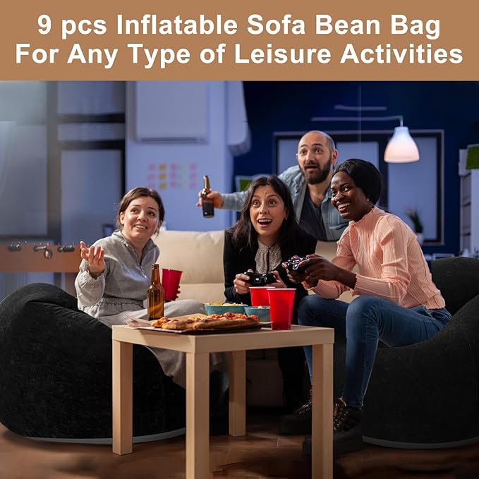 Realspring 9 Pcs Inflatable Bean Bag Chairs for Adults with Electric Air Pump, Blow up Couch Folding Portable Inflatable Couch Lazy Sofa for Outdoor Movie Nights Camping Room (Black)