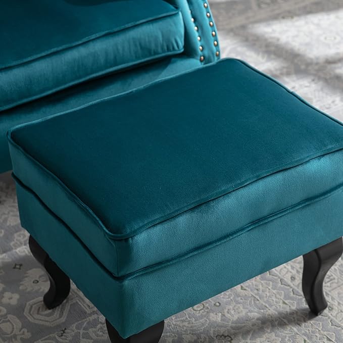 LZAREAL Accent Reading Arm Chairs with Ottoman Set of 2 for Living Room Bedroom, Midcentury Modern Corner Sofa Chair, Wingback Waiting Room Club Chair with Tufted Back &Lumbar Pillow, Velvet Teal