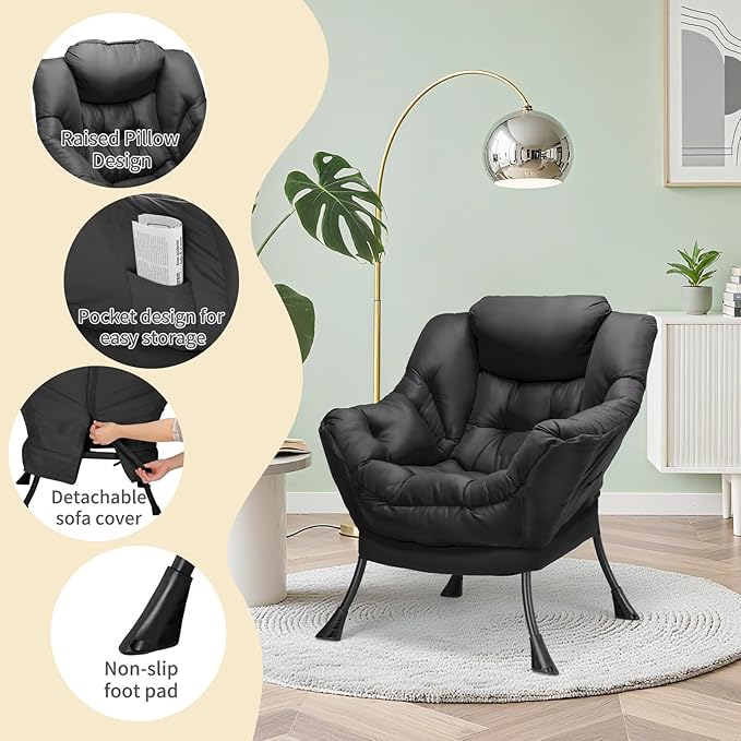 TLSUNNY Lazy Chair, Modern Comfy Lounge Accent Chair, Large Sofa Armchair with a Side Pocket, Leisure Reading Chair for Bedroom, Living Room, Dorm (Black)