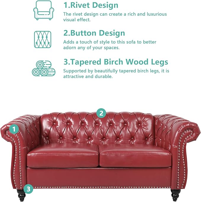 QHITTY Accent Sofa, Chesterfield Loveseat Modern Leather Couch Upholstered Sofa with Tufted Back for Living Room Furniture (Burgundy)