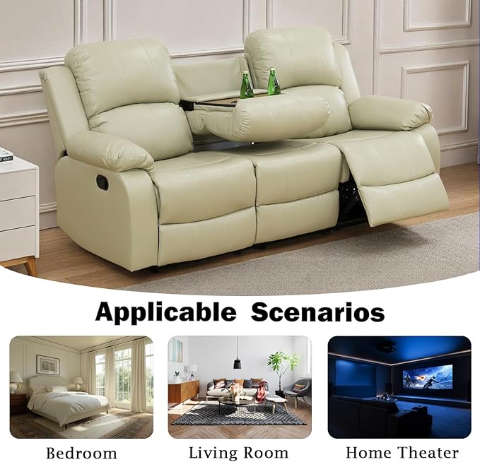 Caberryne Leather Recliner Sofa，Reclining Sofa for Living Room Furniture Sets，Beige Wall Hugger Recliner Couch with Cupholder for Living Room/Office/Theater Seating(3 Seater Sofa)