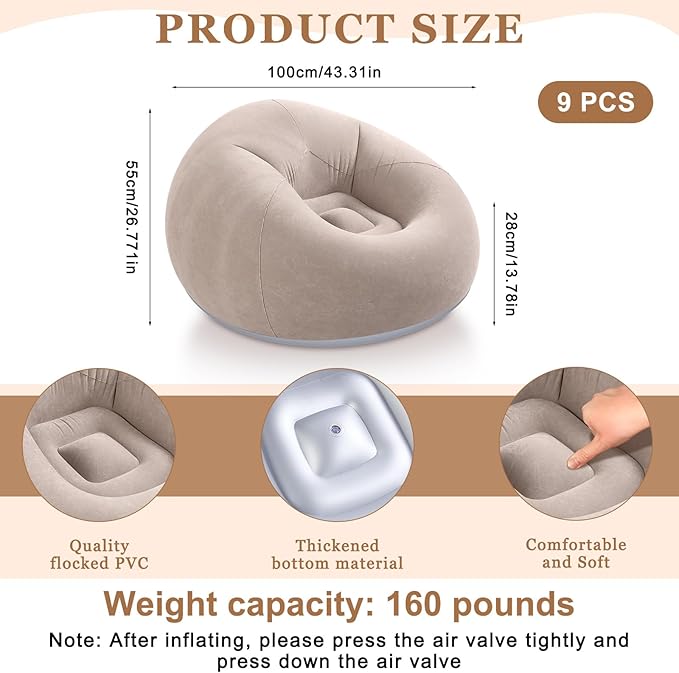 Realspring 9 Pcs Inflatable Bean Bag Chairs for Adults with Electric Air Pump, Blow up Couch Folding Portable Inflatable Couch Lazy Sofa for Outdoor Movie Nights Camping Room (Coffee)