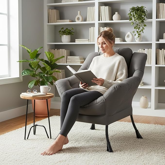 Welnow Lazy Chair for Living Room, Modern Reading Lounge Accent Chair with Armrests and a Side Pocket, Leisure Upholstered Lazy Sofa for Small Space, Bedroom, Dorm, Dark Grey