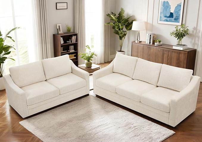 ACMEASE 2 Pieces Chenille Sofa Sets w/Comfortable Back Cushions, Upholstered Loveseat & Sofa w/Deep Seat Space, Modern 2 Seat & 3 Seats Couch Sets w/High Resiliency Foam for Living Room, Office, Beige