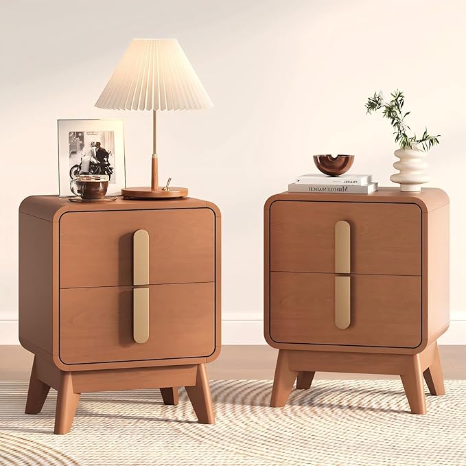 Night Stand Set 2, Mid Century Modern Bedside Table with Drawers, Curved Profile Design End Table with Metal Handle, Nightstand Set of 2 with Storage, Bed Side Tables for Bedroom, Cherry