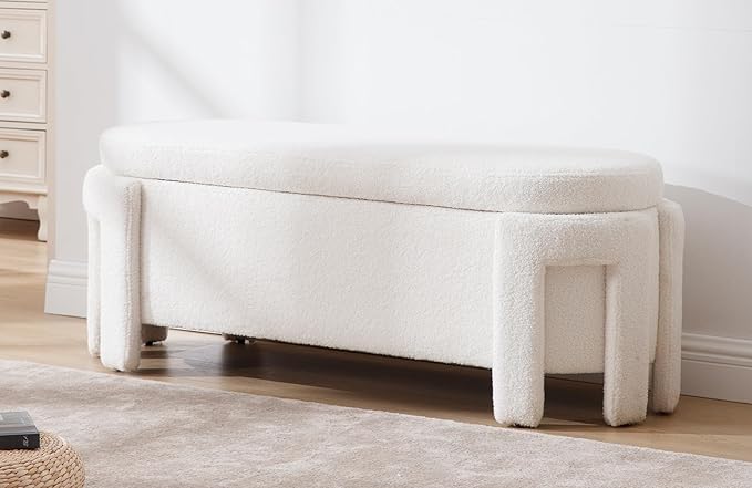 DM Furniture Modern Sherpa Storage Ottoman Bench for Bedroom 47.25 in Comfy Boucle Upholstered Entryway Bench with Storage for End of Bed/Living Room/Lounge/Window Corner, White