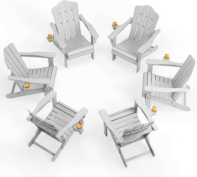 KINGYES Folding Adirondack Chair Set of 6, HDPE All-Weather Patio Chairs with Cup Holder, Wooden Textured Fire Pit Chairs for Poolside, Backyard, Deck, Silver Grey