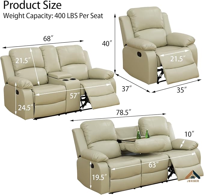 JBXBER Manual Recliner Sofa Set for Living Room, Leather Reclining Sofa Sets, Faux Leather Couch Set with Cup Holders, Drop-Down Table and Storage Console(Loveseat,Beige)