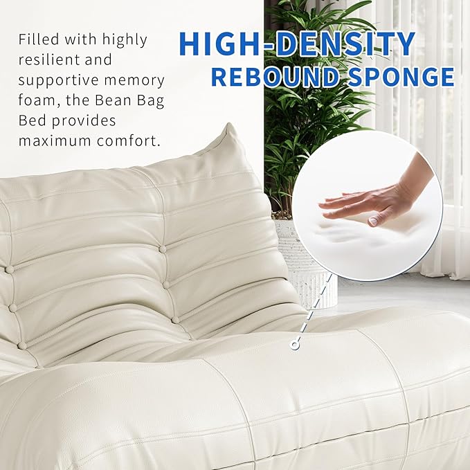 Foam Bean Bag Chairs for Adults,Big Faux Leather Bean Bag Lounger Couches, Modern Sofa,Floor Lazy Sponge Couch for Living Room Bedroom Dorm Office,Cream White