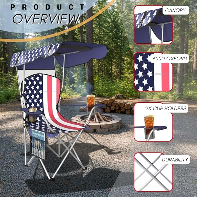 CozyBox Portable Folding Camping Chairs with Canopy Shade, Beach Chair for Adults, Durable Weather Resistant 600D Oxford Cloth, Camping Chair with Canopy for Outdoors [Flag-2 Pack]
