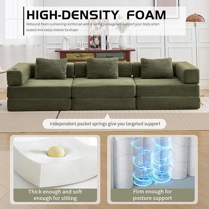 118" Oversized Convertible Floor Sofa Bed, Boneless Foldable Mattress Cloud Couch with Pillow Back & Armrest, Fold Out Floor Couch with Cup Holder for Living Room Bedroom Lounge, Corduroy, Olive