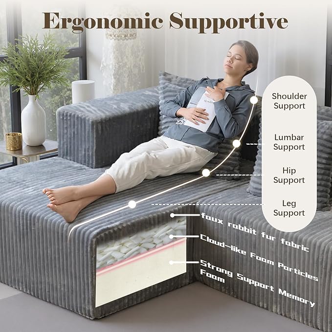 130'' U Shaped Couched for Living Room, Cloud Modular Sectional Couch with 2 Chaise Lounge, Modern Minimalist Upholstered Sofa Sleeper Deep Seat Corner Couch, No Assembly Required Grey