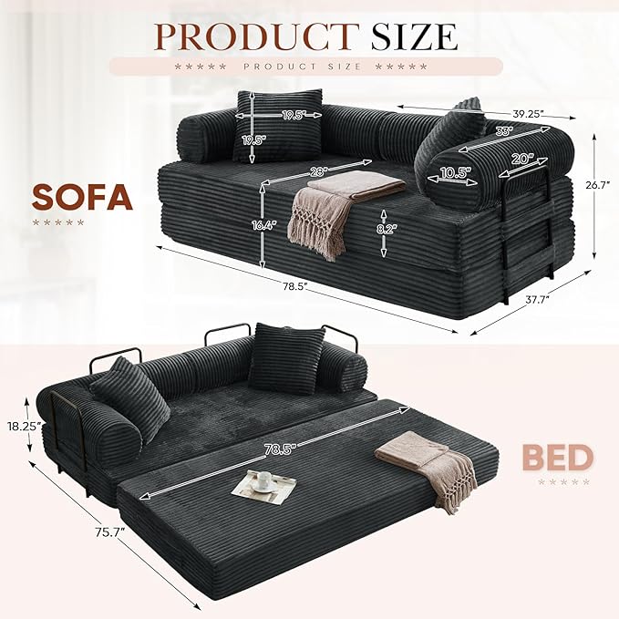 Modular Couch Bed, Convertible Folding Plush Corduroy Comfy Floor Memory Foam Compression Loveseat Sleeper Sofa Couch, King Size Bed for Guest Room Living Room Bedroom, No Assembly Required, Dark Grey