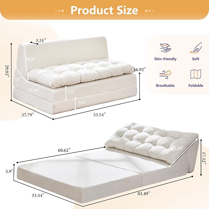 Hobestluk Sofa Couch Folding Sofa Bed Sleeper Comfy Floor Lounger Loveseat Sofa with Removable Cushion Couches Foldable Mattress for Living Room Bedroom or Office (Chenille Beige, Oversize)