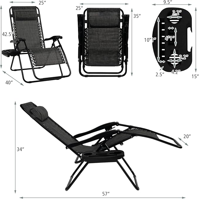 Tangkula Zero Gravity Chair, Folding Patio Lounge Chair Adjustable Outdoor Recliner with Cup Holder, Wide Armrest for Patio Garden Poolside Outdoor Yard Beach, Support 350 lbs (1, Grey)