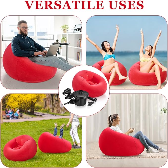Realspring 2 Pcs Inflatable Bean Bag Chairs with Electric Air Pump Outdoor Blow up Chair Inflatable Lazy Sofa Folding Portable Loungers Couch for Living Room Bedroom(Red)