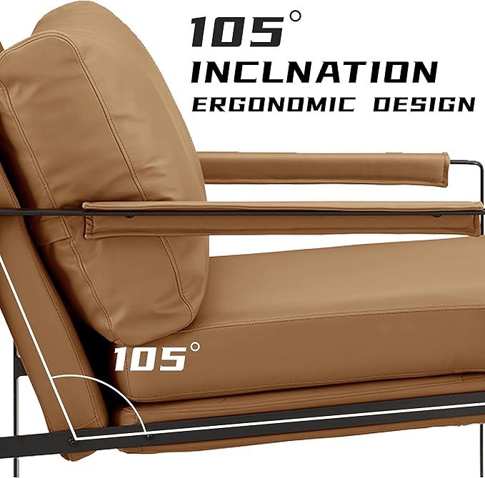 Volans Mid Century Modern Genuine Leather Accent Chair with Arms for Living Room, Metal Frame Armchair Reading Chair, Lounge Chair Single Sofa for Bedroom Office, Khaki