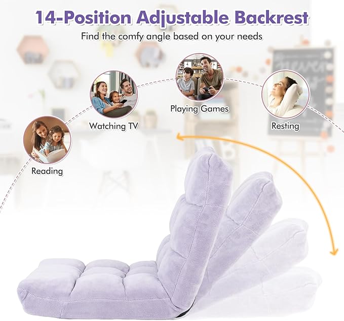 GOFLAME 14-Position Folding Floor Chair, Padded Gaming Lazy Sofa Chair with Adjustable Backrest, Couch Recliner, Sleeper Bed Lounge Chair for Reading, Gaming, Meditating (Light Purple)