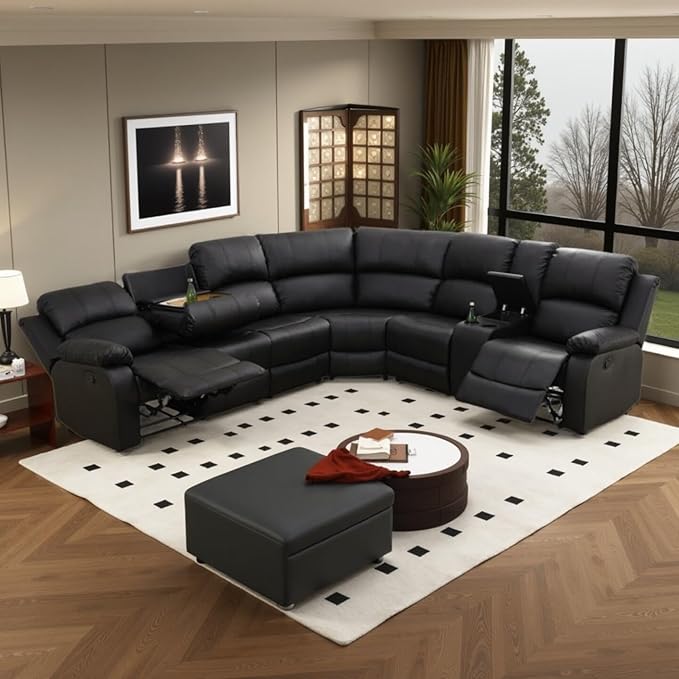 Manual Reclining Sofa Set with Drop-Down Table, Corduroy Sofa Sets, Living Room Furniture Sets, Modern Manual Recliner Sofa Sets with Storage Console for Living Room (Black, Sectional)