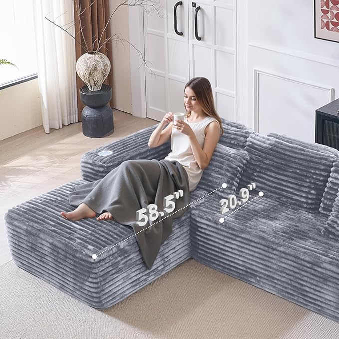 Cloud Sectional Couch with L-Shape Chaise, Modern Modular Sofa with Deep Seat, Built-in Cup Holder & Storage Pocket for Living Room Bedroom, No Assembly Required (Light Grey, Left Sitting Chaise)