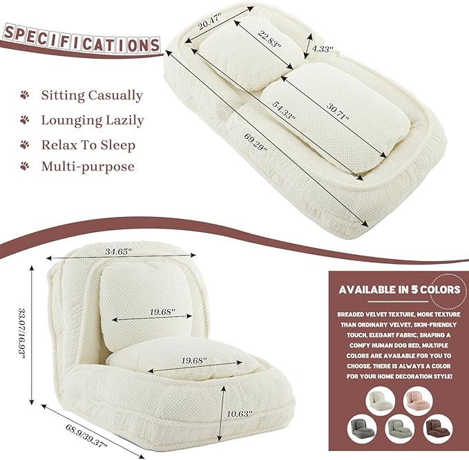 Upholstered Human Dog Bed for Adult & Pets, Convertible Lazy Sofa Bed with 5 Adjustable Position, Comfy Tatami Bean Bag Lounge Chair with 2 Soft Pillows for Bedroom Living Room Office (Beige)