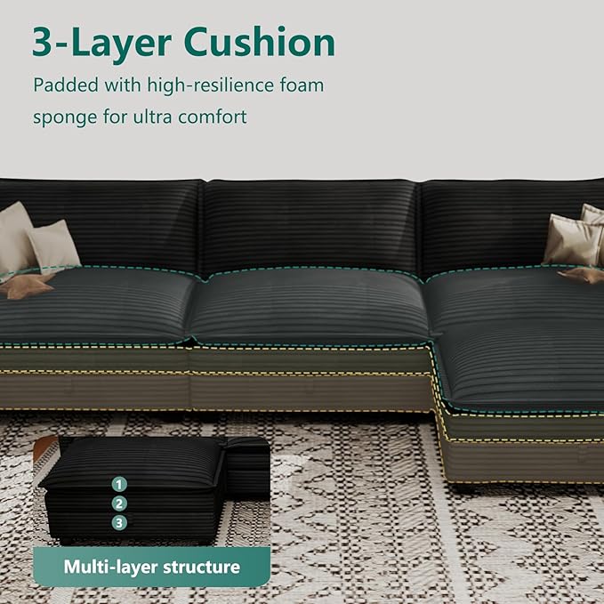 Modular Sectional L Shaped Sofa Couches with Storage Ottoman, Cloud Couch for Living Room, Comfy Sofa with Pillow, Dark Black