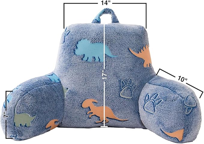 Holawakaka Glow in The Dark Reading Pillow for Sitting up in Bed Sofa Kids Teens, Luminous Dinosaurs Backrest Pillow with Arms, Boys Girls Back Support Cushion for Couch Floor Nursery Playroom
