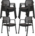 CLATINA Stacking Office Chair with Wheels, Mesh Back Waiting Room Guest Chairs with Arms Comfortable Leather Cushion Stackable Desk Chair for Conference Reception School Side Stationary, Black, 8 PK