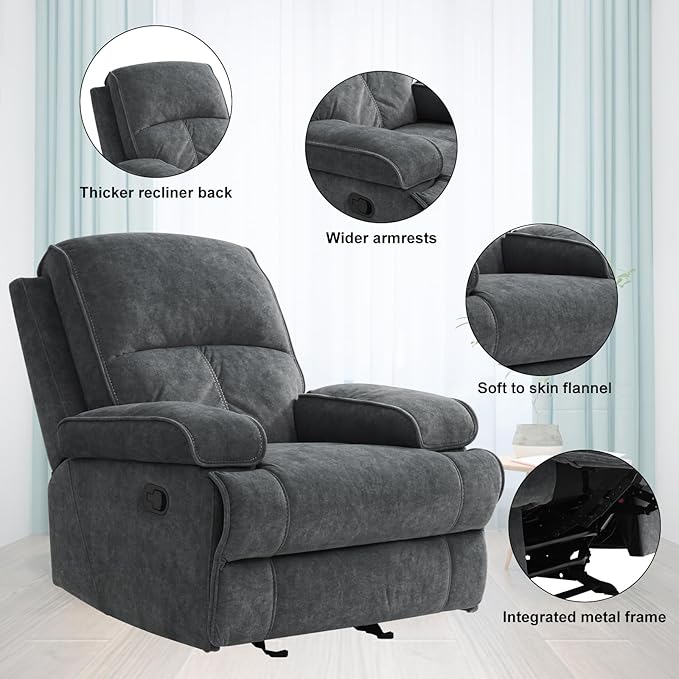 KeyEnergy Manual Rocker Recliner Chair for Adults, High Back Glider with Deep Seat, Upholstered Fabric Armchair for Living Room & Nursery, Dark Grey