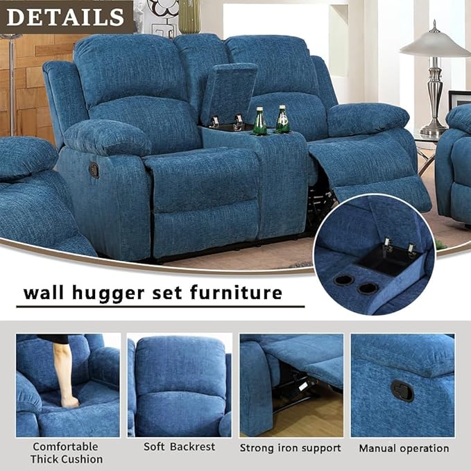 AYCP Microfiber Living Room Furniture Set Reclining Sofa Set Loveseat Furniture Sets in Living Room Sofa Recliners (Loveseat, Blue Microfiber)