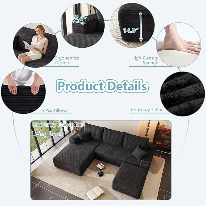 95" Cloud Sectional Couch with Ottoman,Modern U-Shaped Cloud Couch with Deep Seat,Comfy Corduroy 3-Seater Sofa,Memory Foam Sofa for Living Room,No Assembly (Black,Left-Facing Chaise)