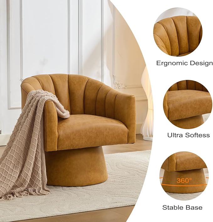 Swivel Accent Chair Set of 2,Faux Leather 360°Swivel Barrel Chair Upholstered Modern Living Room Chair, Overstuffed Reading Armchair for Bedroom,Vanity,Office-Mustard
