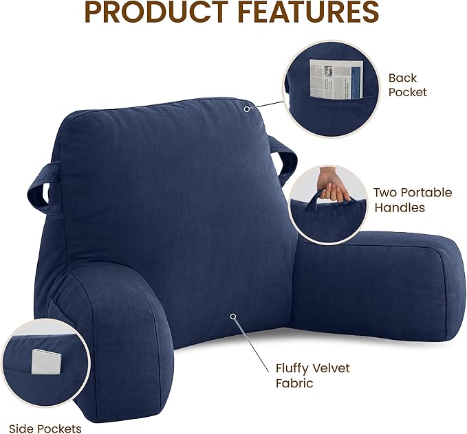 Unisakey Portable Comfy Reading Pillows for Bed Sitting Up(Royal Blue Oeko-Tex), Velvet Back Pillow with Arms & Pockets for Adults, Support Memory Foam Bed Pillow for Dorm/Reading/Watching/Gaming