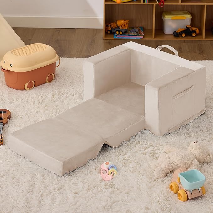 Kids Couch, 2-in-1 Toddler Chair Comfy 1-3 Years, Convertible Kids Chair, Toddler Couch That Fold Out, Kid Lounge Chairs for Boys and Girls, Soft Coral Fleece, Beige
